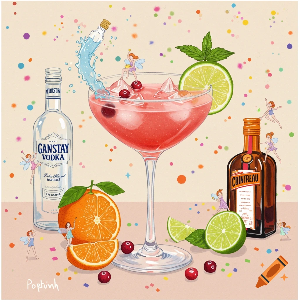 Whimsical illustration of a cosmopolitan cocktail with ingredients, bottles, fairies, and confetti.