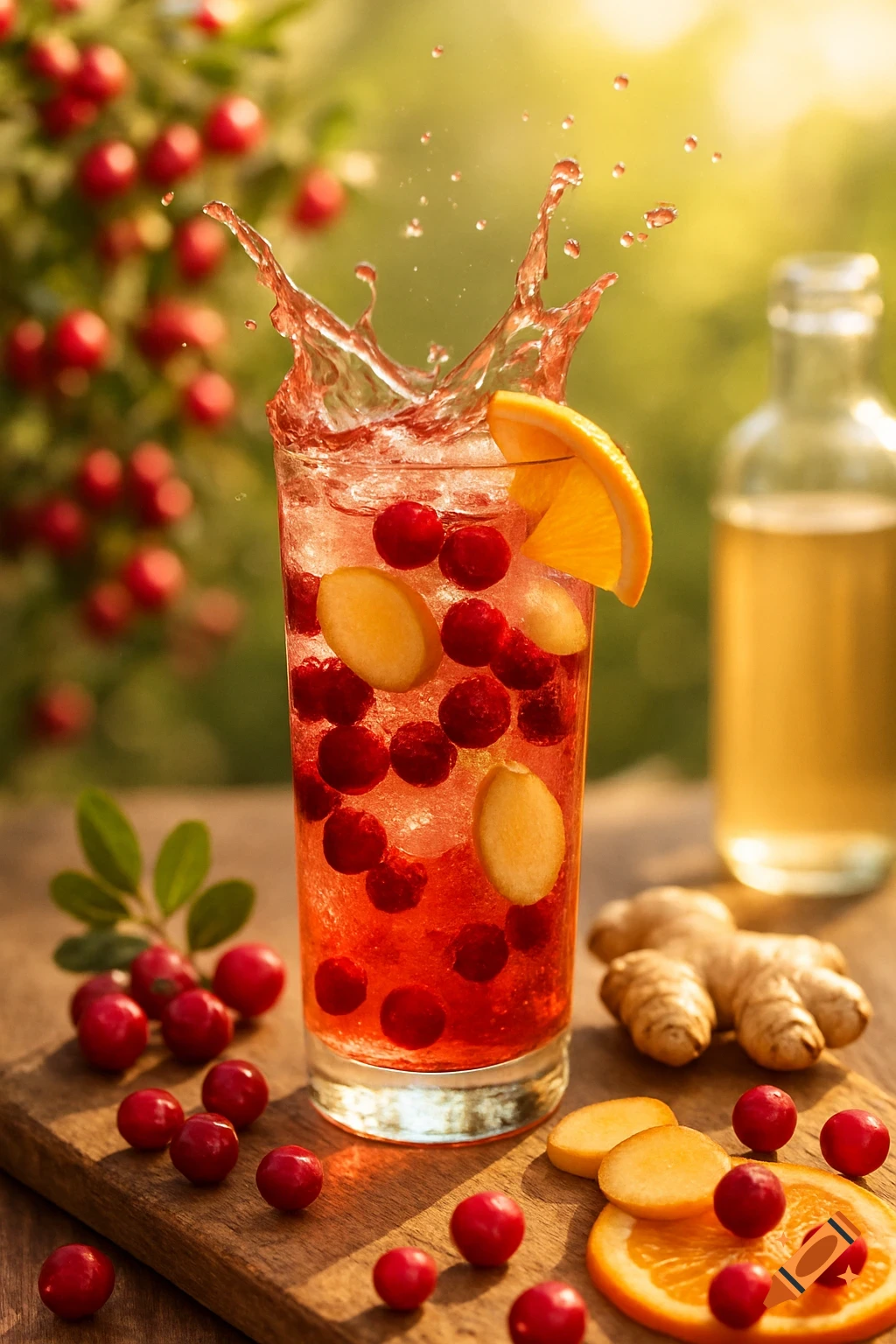 Tall glass of cranberry-ginger drink with splash, berries, ginger, orange on a wooden board in sunlight.
