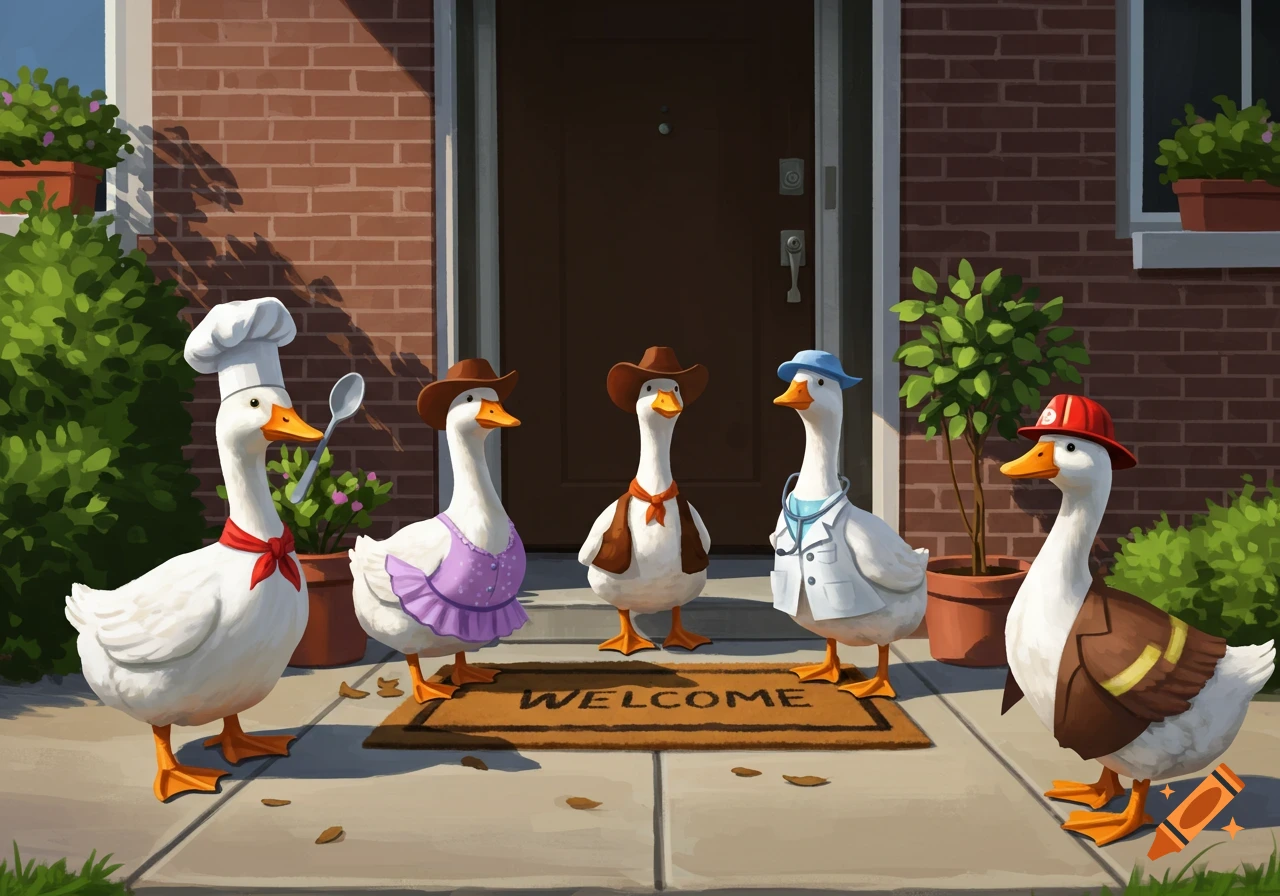Five cartoon geese dressed in costumes standing in front of a door with a welcome mat. Costumes include chef, cowboy, doctor, and firefighter.
