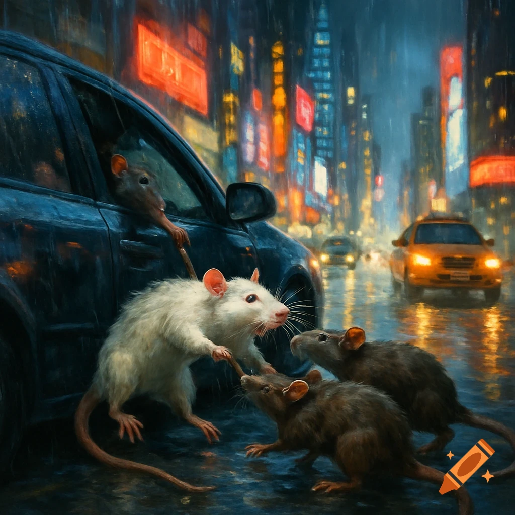 Painting of rats on a rainy city street, one reaching from a car window towards others.