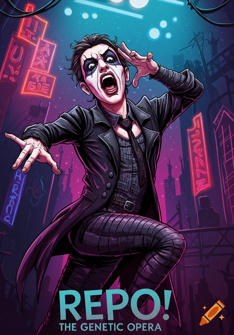 Stylized illustration of a character with face paint and black coat standing in a neon-lit futuristic city street. Text: REPO! THE GENETIC OPERA.