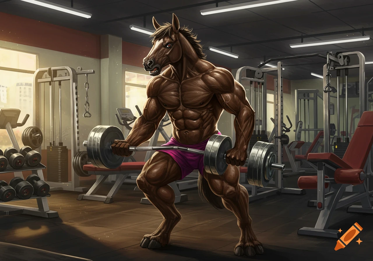 A muscular anthro horse lifts weights in a gym.