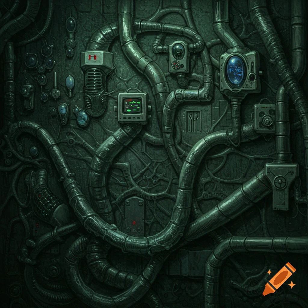 A biomechanical wall covered in dark pipes and screens in the style of H.R. Giger.