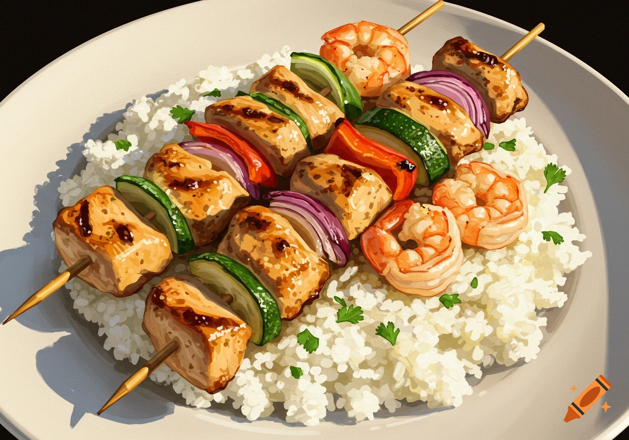 Grilled chicken and shrimp skewers with vegetables over white rice on a plate.