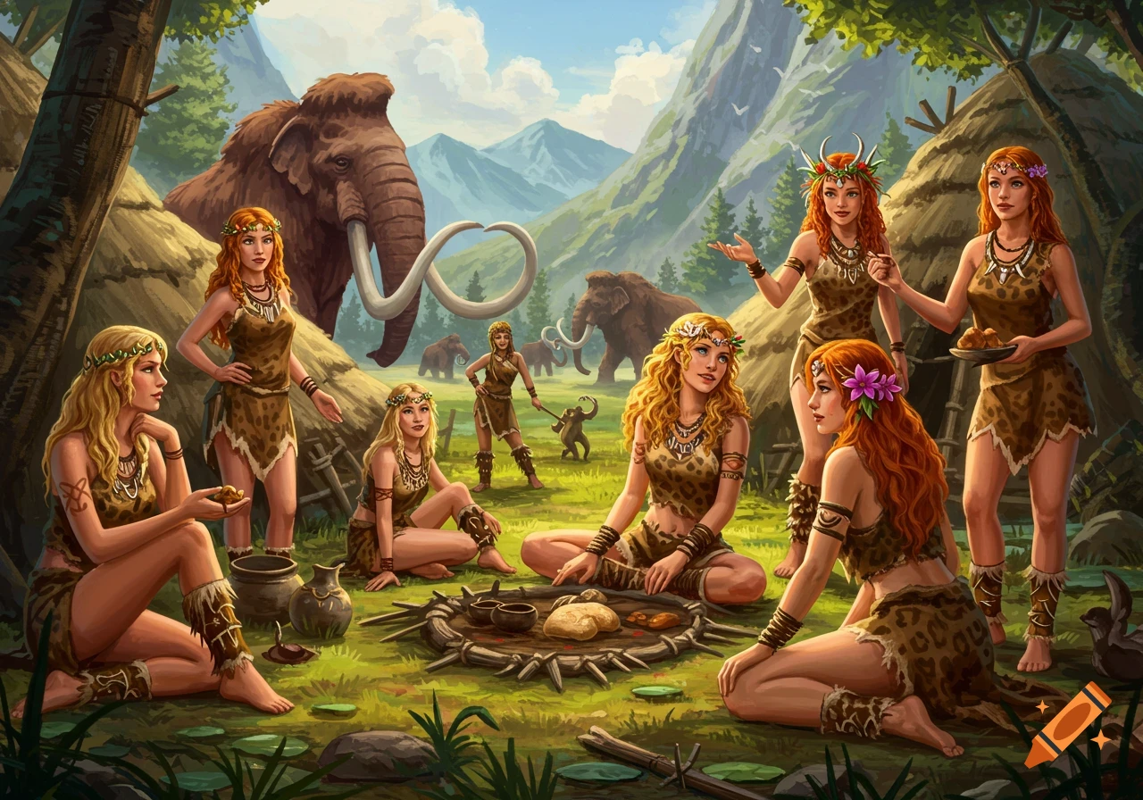 Digital painting of prehistoric women in a village with mammoths
