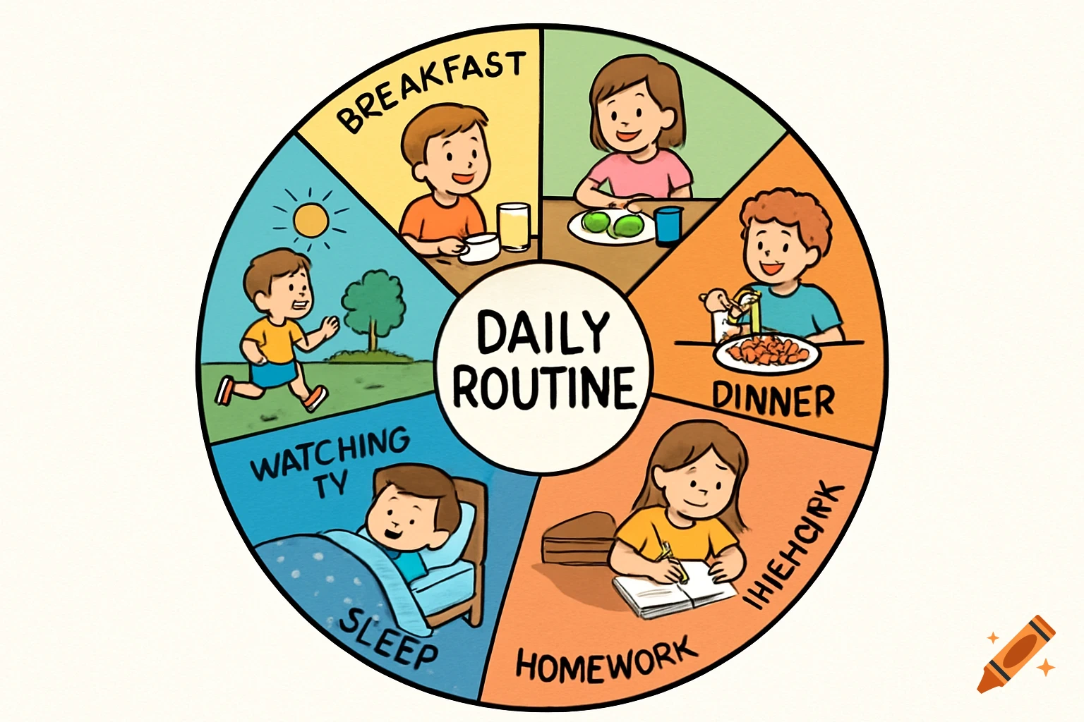 Cartoon wheel chart showing a child's daily routine: breakfast, dinner, homework, sleep, running, watching TV, with text labels.