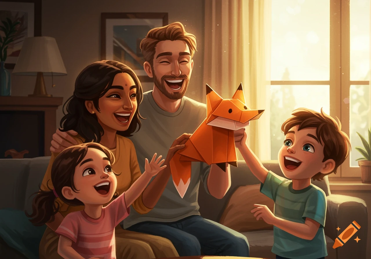 A family laughing and playing with an origami fox puppet.