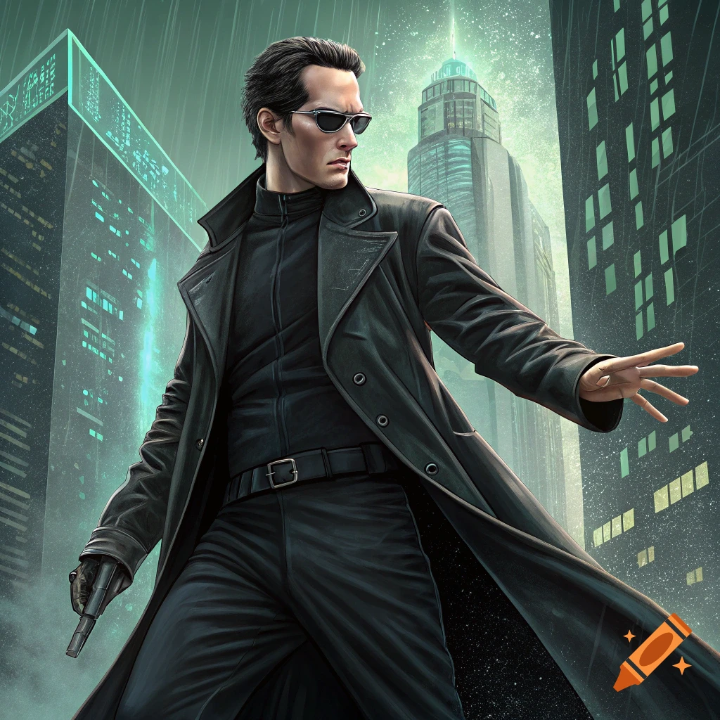 Character resembling Neo from The Matrix stands in a rainy futuristic city with glowing green code on buildings, holding a pistol.