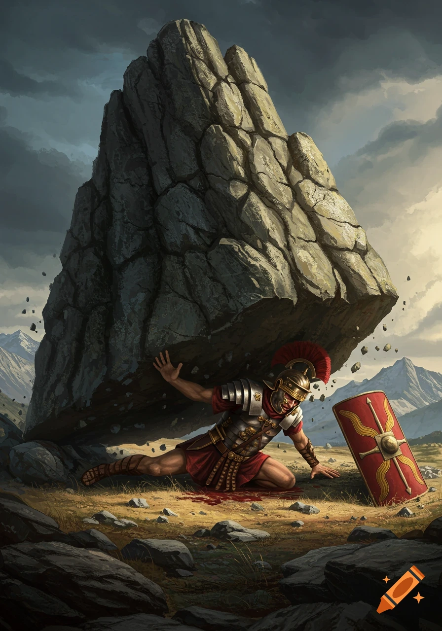 A Roman soldier struggles to hold up a falling rock in a mountain landscape.