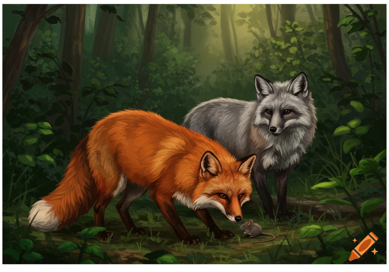 A red fox and a grey fox watch a small mouse in a lush forest setting, digital painting.