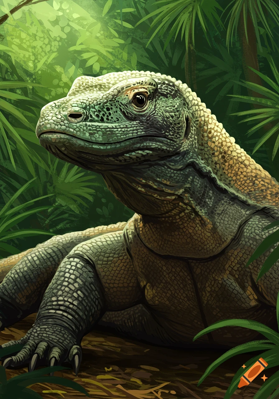 Close-up illustration of a Komodo dragon in a jungle environment.