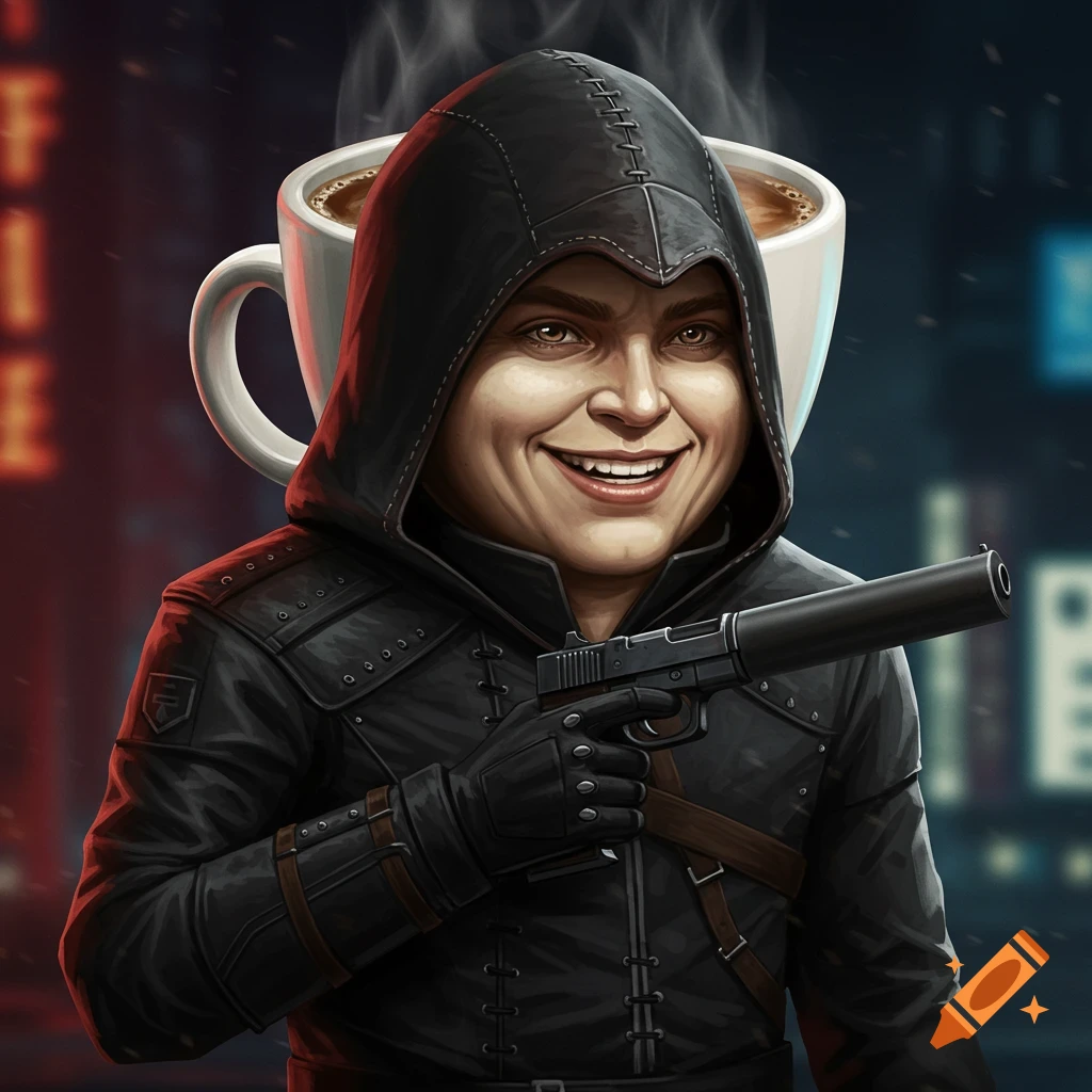 Stylized illustration of a person in a hooded assassin outfit holding a silenced pistol, with a coffee cup and city lights in the background.