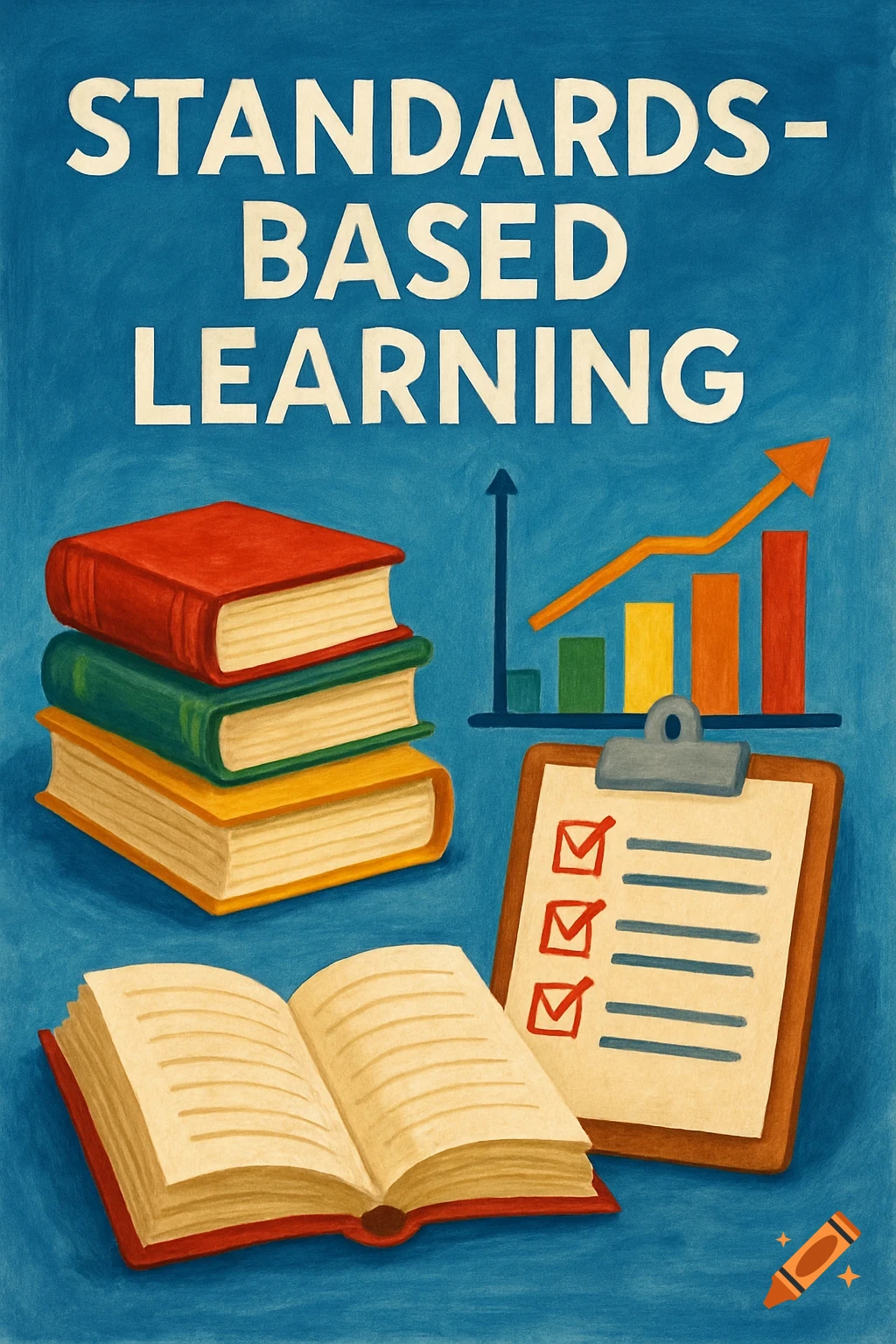 Illustration of books, clipboard, graph, and text 'STANDARDS- BASED LEARNING' on blue background.
