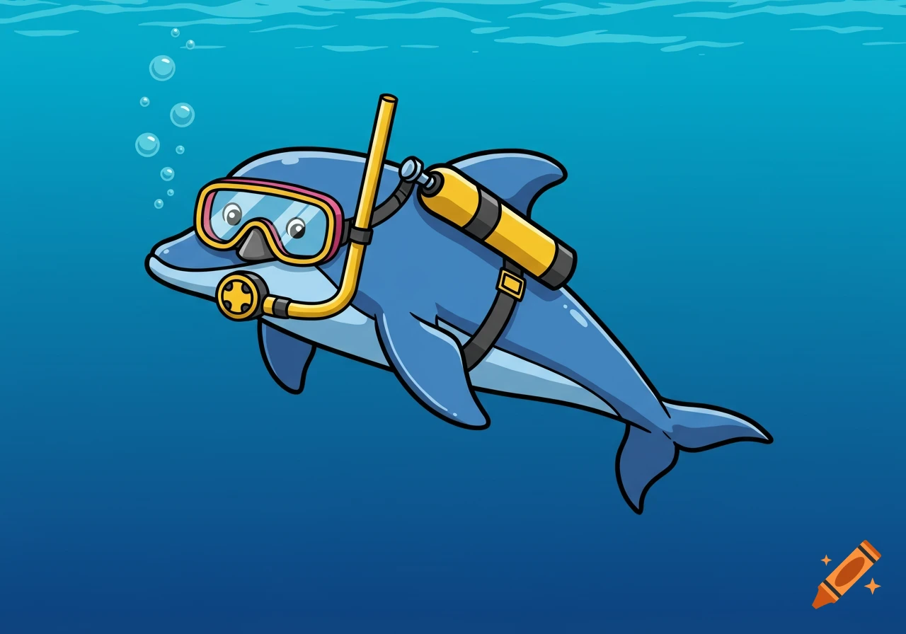Cartoon dolphin wearing scuba gear swims underwater with bubbles