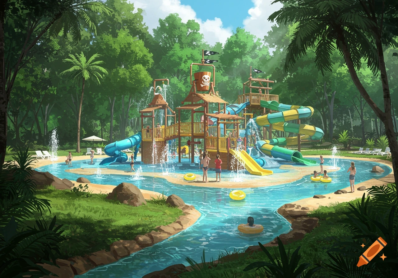 Illustration of a busy pirate-themed waterpark surrounded by lush trees and vegetation.