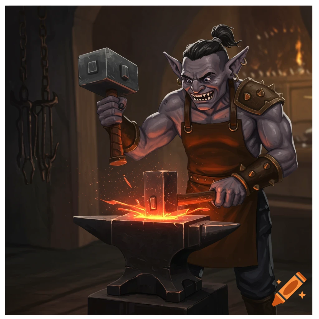 A fantasy goblin blacksmith hammers a piece of metal on an anvil in a dark forge.