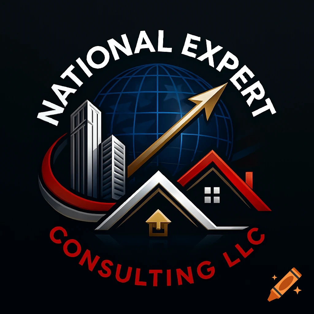 Logo with buildings, globe, upward arrow, and text 'NATIONAL EXPERT CONSULTING LLC'.