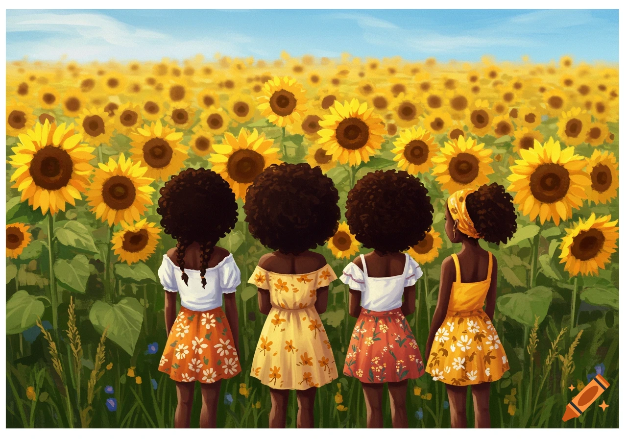 Four Black girls seen from behind looking at a large field of sunflowers in a painted style