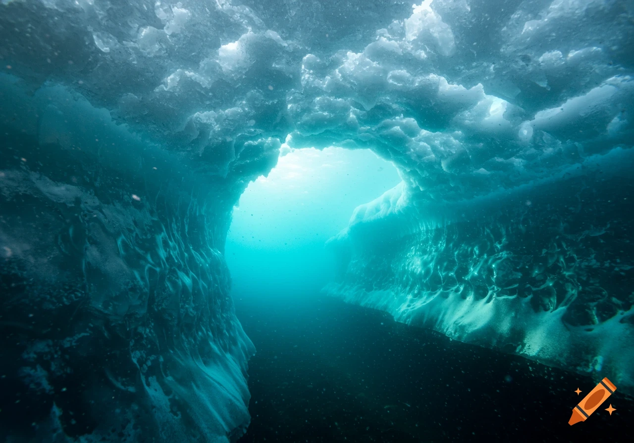 Underwater view inside an ice tunnel