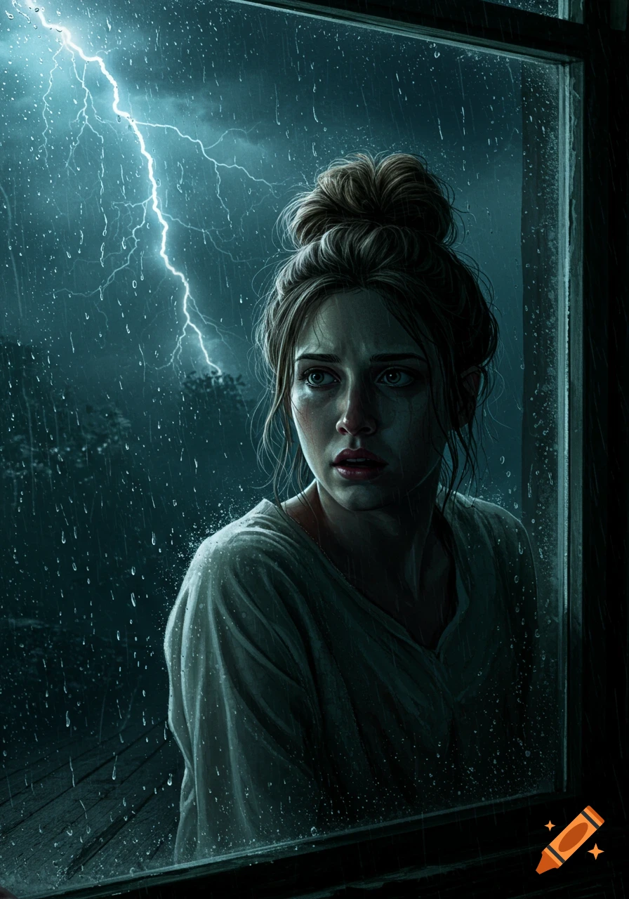 A scared woman looks out a rainy window at a lightning strike during a thunderstorm.