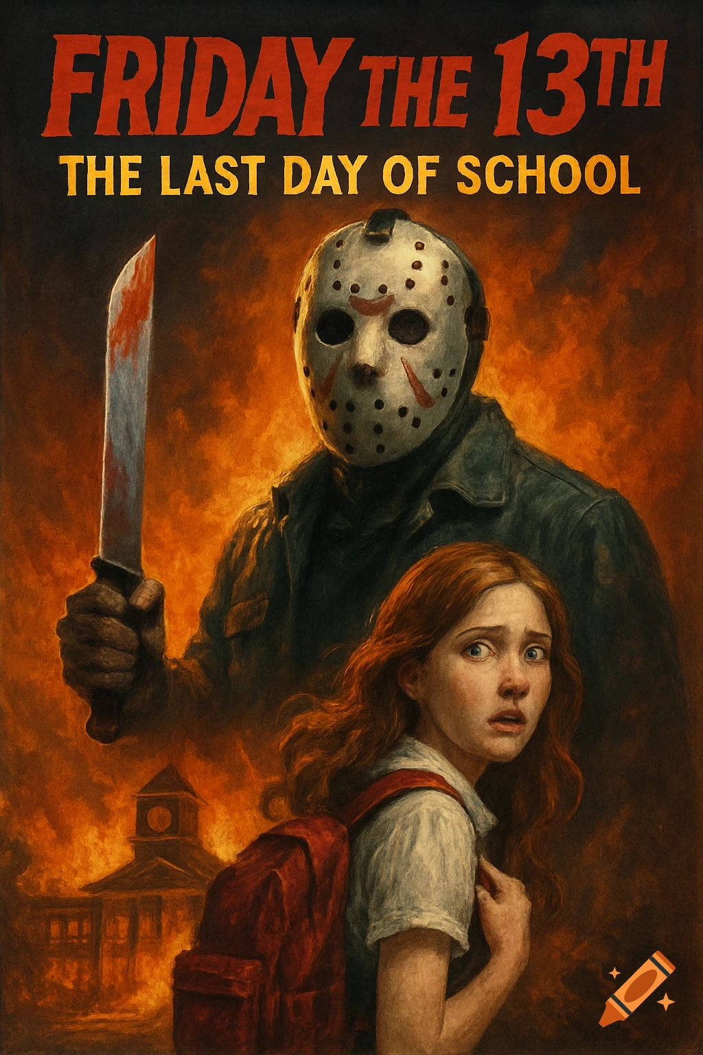 Horror movie poster with Jason Voorhees and a scared student. Bloody machete, burning school. Title: Friday the 13th: The Last Day of School.