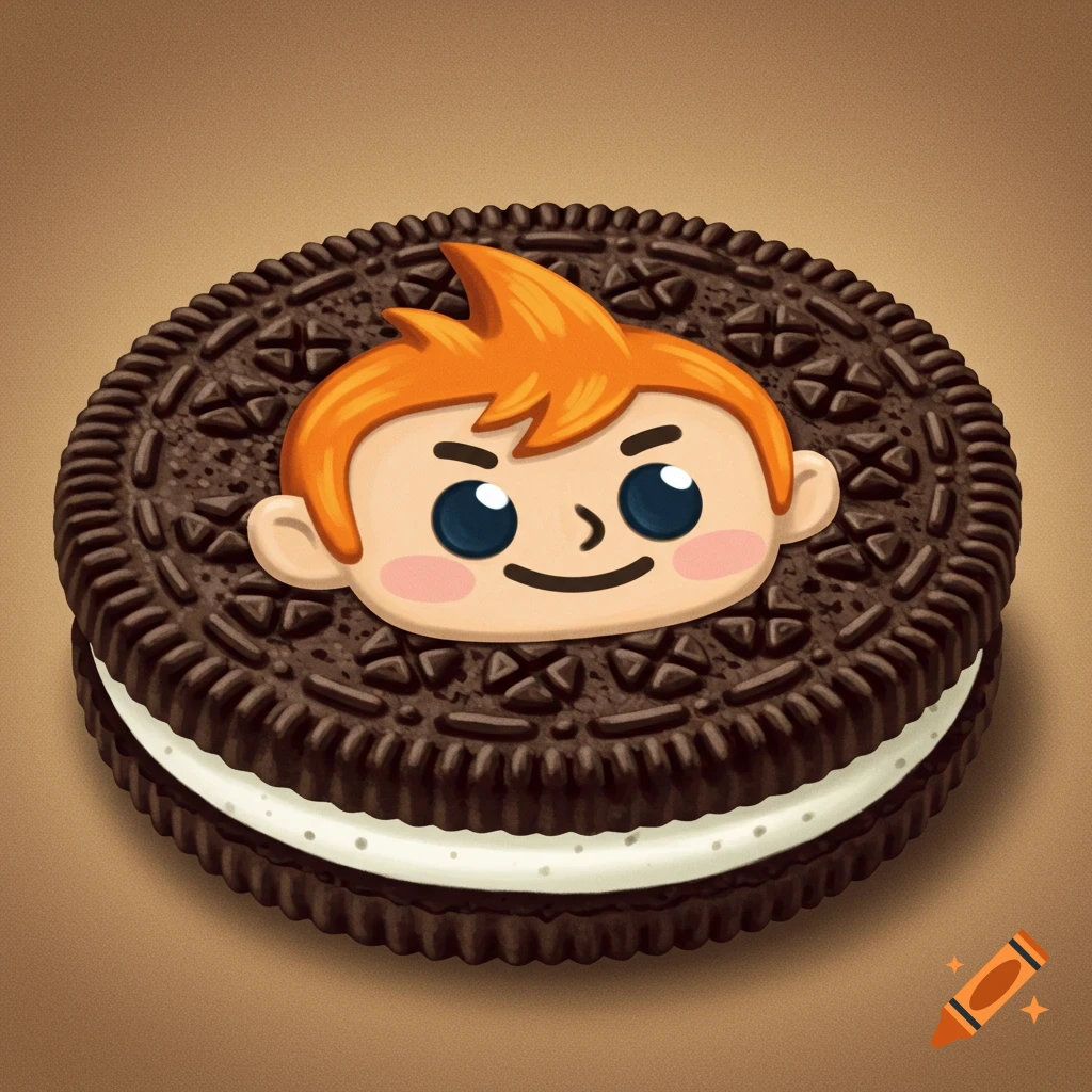 A stylized cartoon head of a boy with orange hair and blue eyes sits on top of an Oreo cookie.