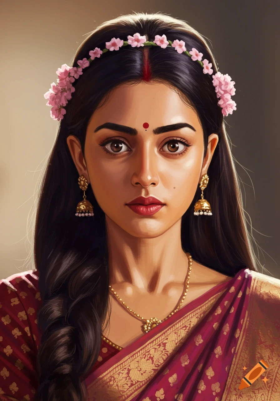 Portrait of a woman in traditional Indian attire with a flower crown