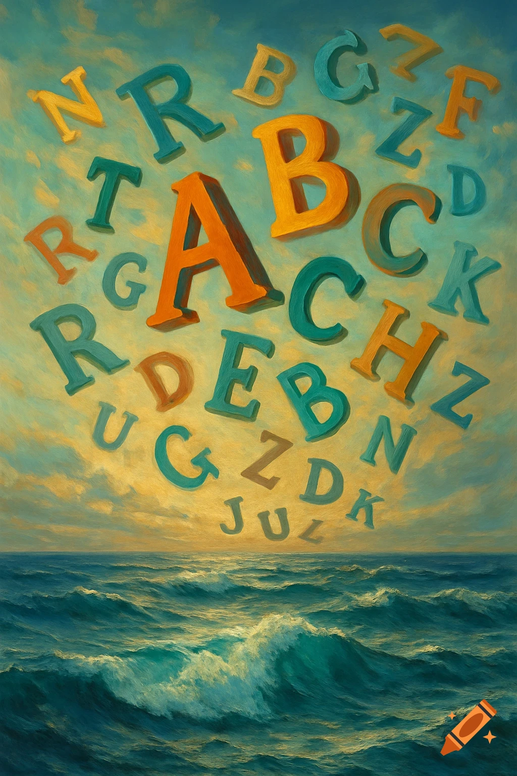 Colorful letters of the alphabet float over a choppy blue ocean under a cloudy sky in a painting style.