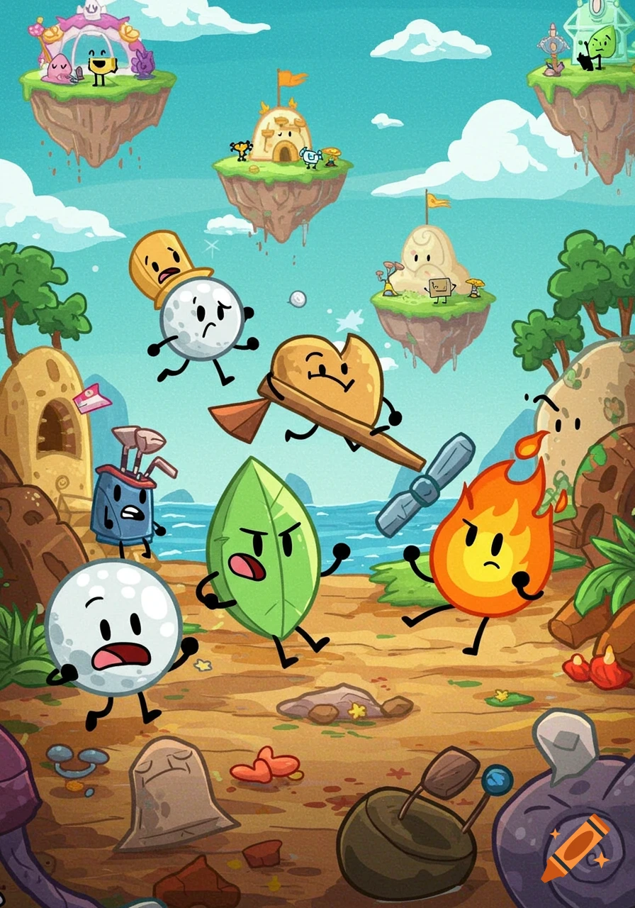 Cartoon characters resembling a golf ball, leaf, and fire run across a landscape with floating islands in a stylized cartoon.