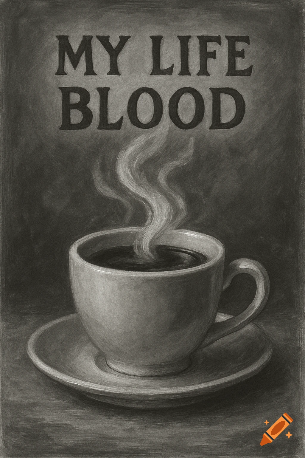 A greyscale charcoal drawing of a coffee cup with steam and the text "MY LIFE BLOOD" above it.