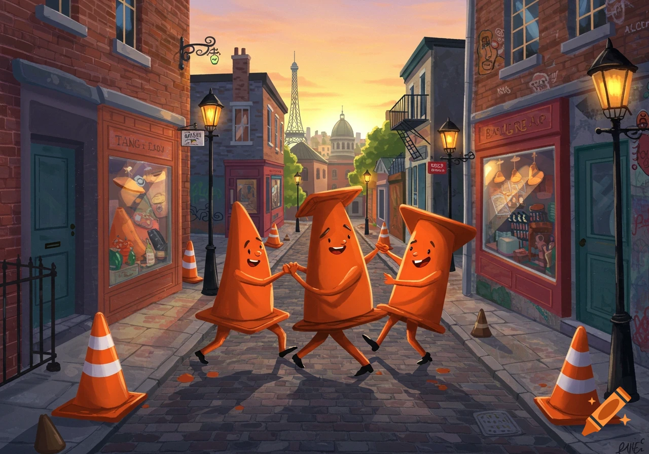 Cartoon traffic cones dance tango in a Paris street at sunset.