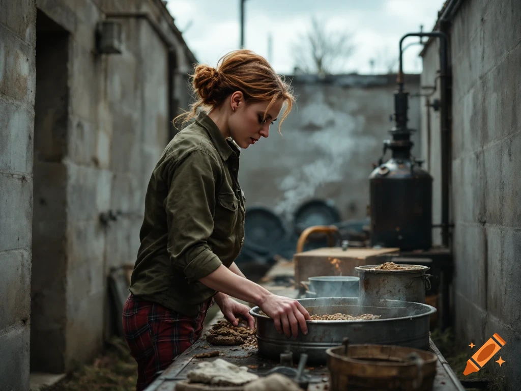 Photorealistic image of a woman working in an outdoor distillery.