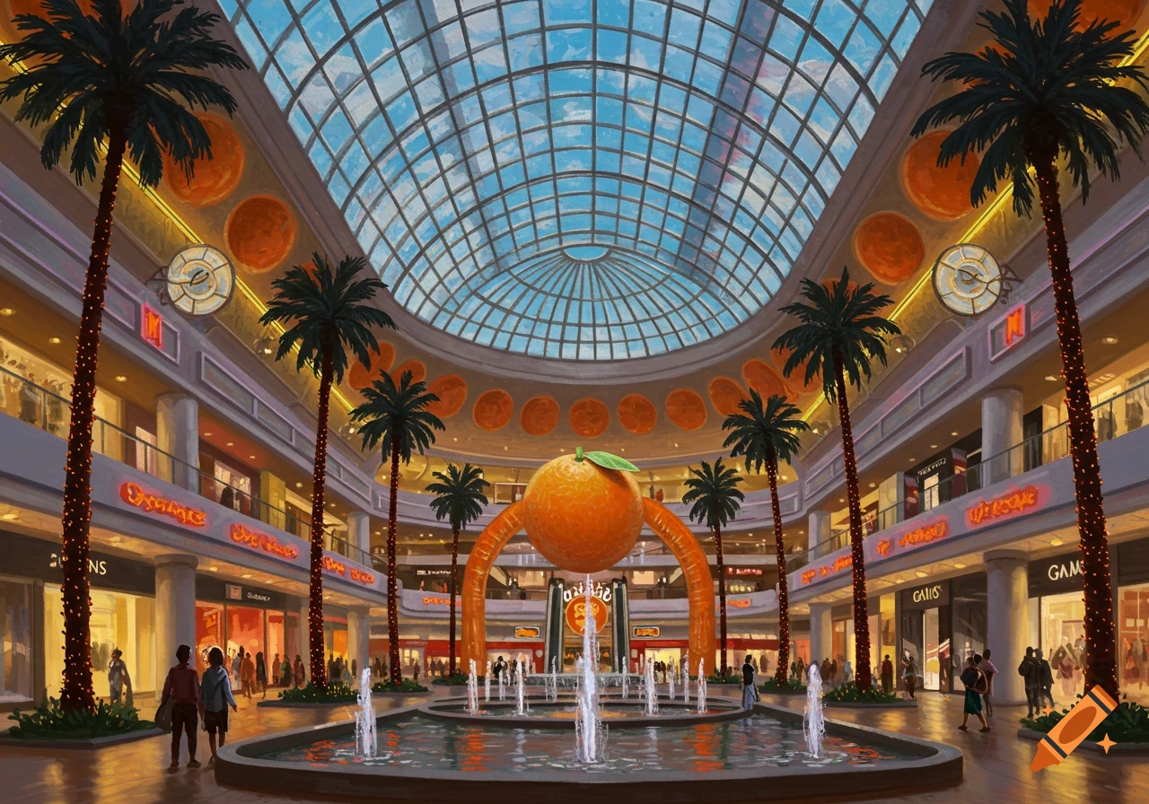 Painted view inside a themed mall with palm trees, fountains, a glass dome ceiling, and a large orange sculpture