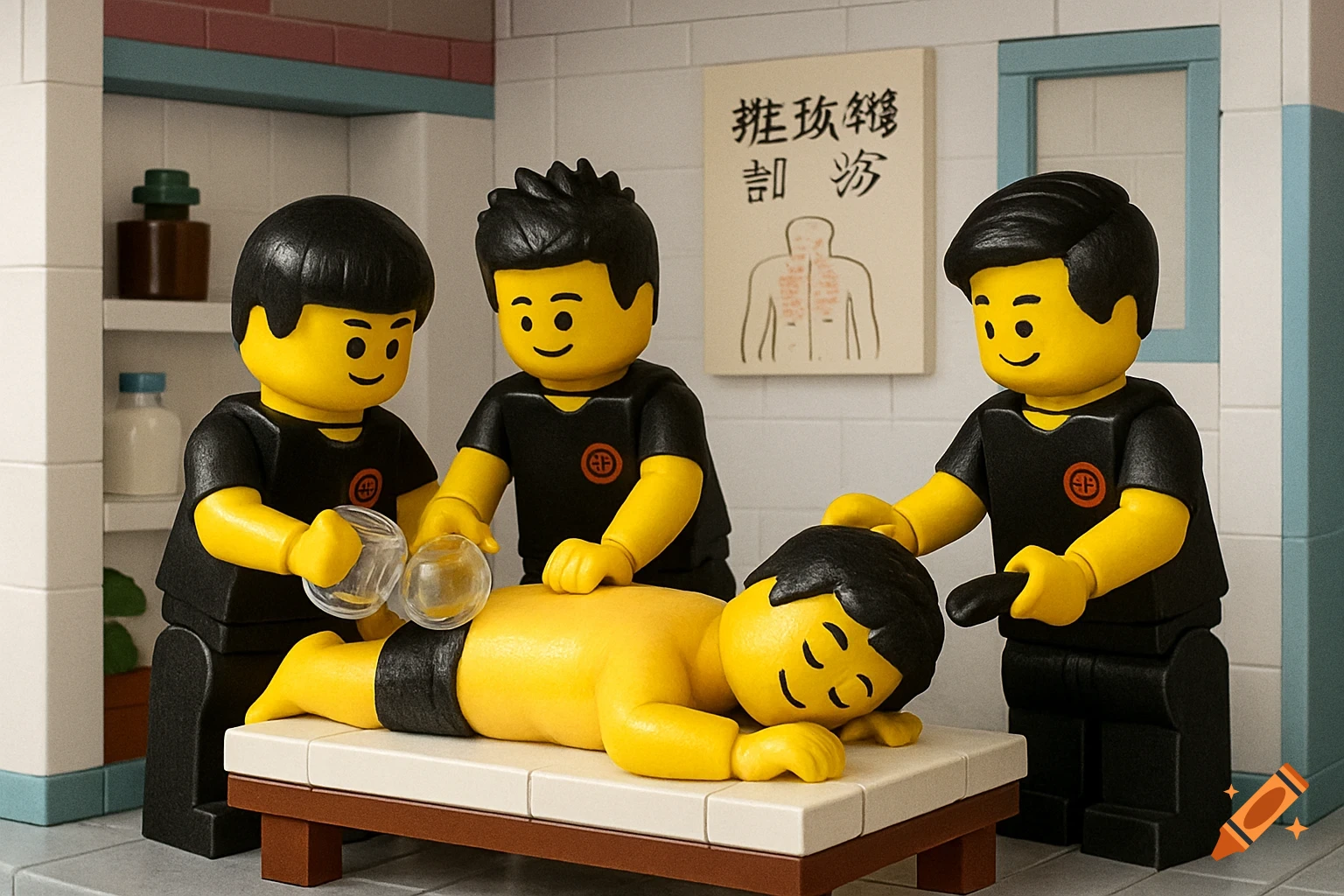 LEGO minifigures performing massage and cupping on a patient in a clinic scene.