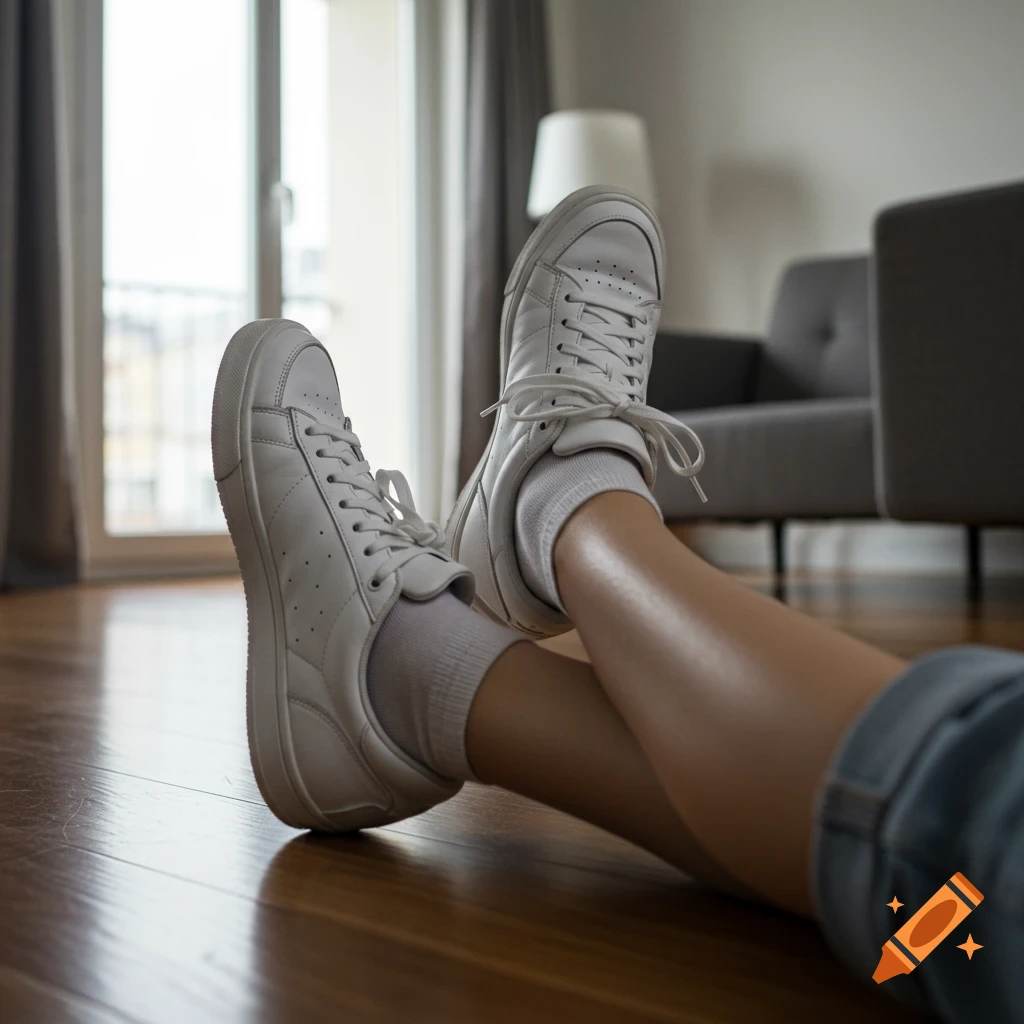 Legs wearing white sneakers and socks relax on a wooden floor indoors.