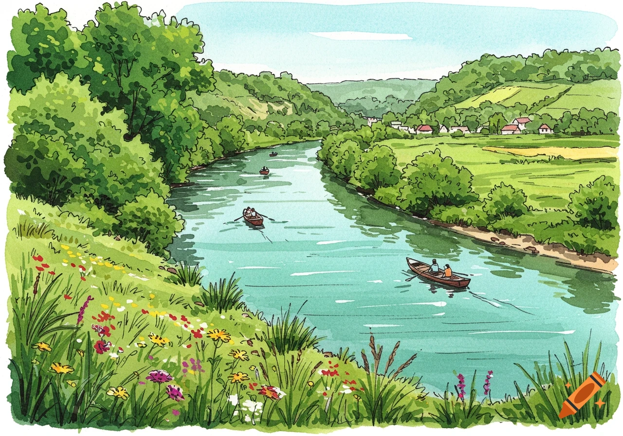 Color ink sketch drawing of a river valley with hills, trees, boats, and wildflowers in the foreground.