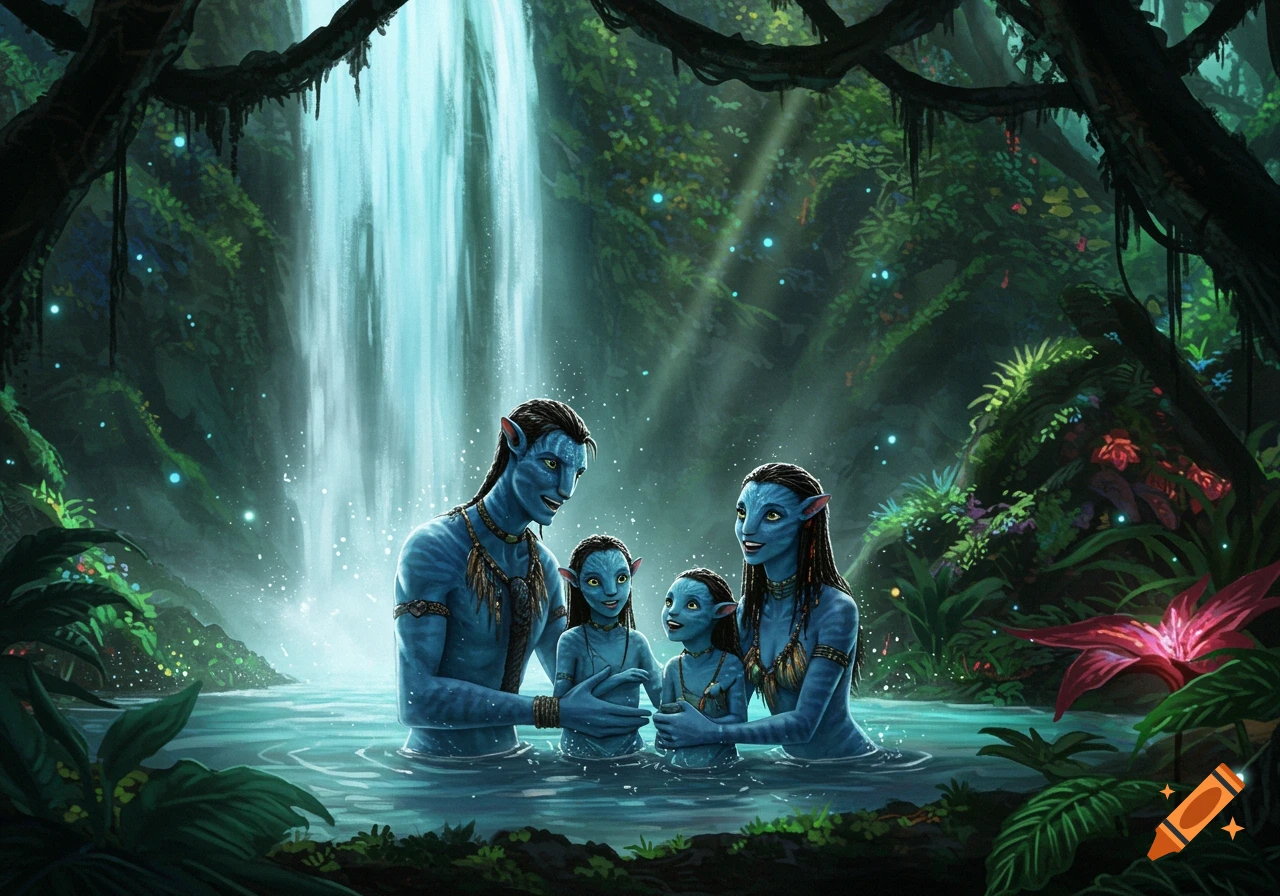 An Avatar family bathes under a waterfall in a lush forest.