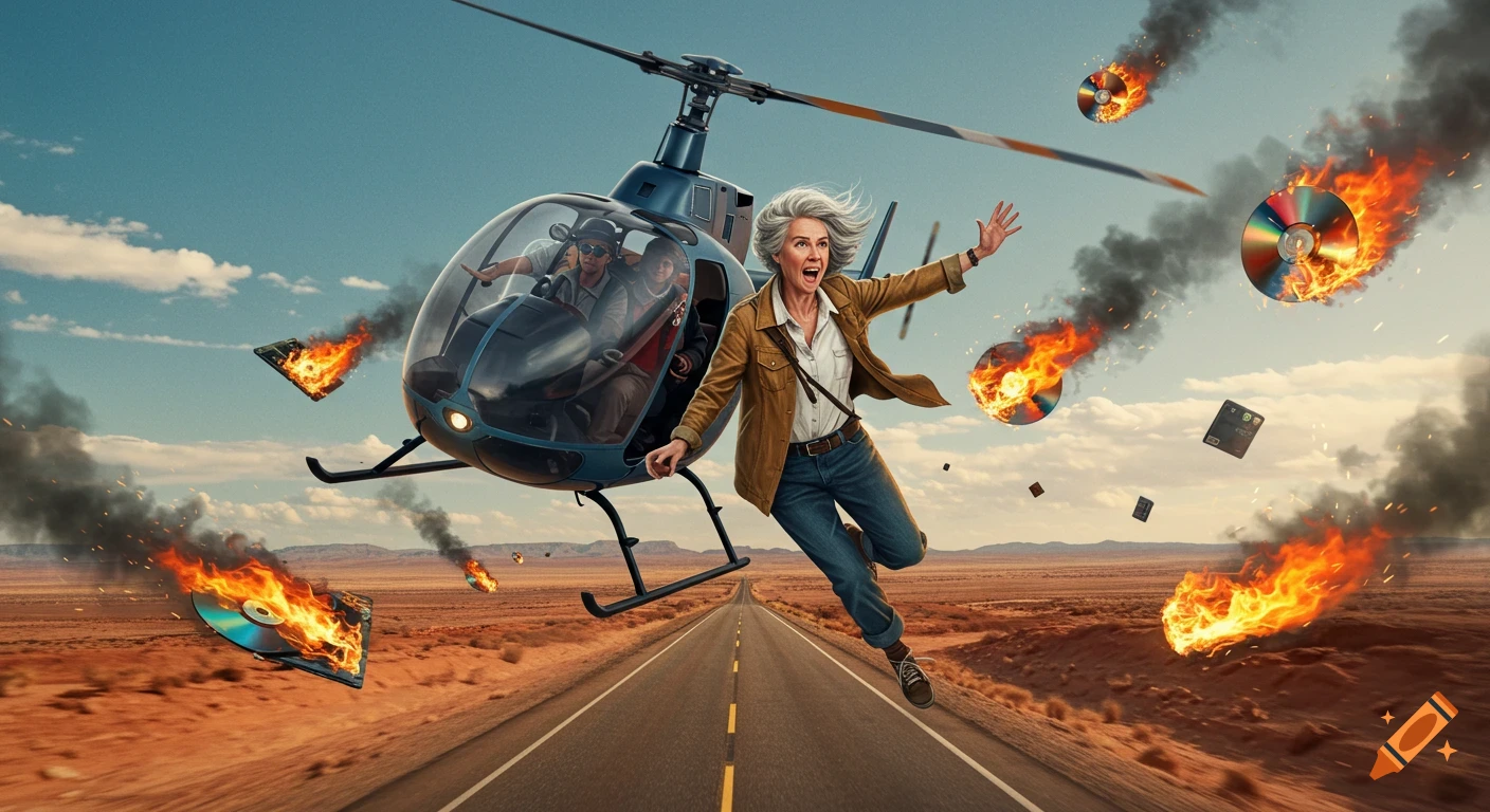 A woman leaps from a helicopter flying low over a desert road as burning objects fall around her.