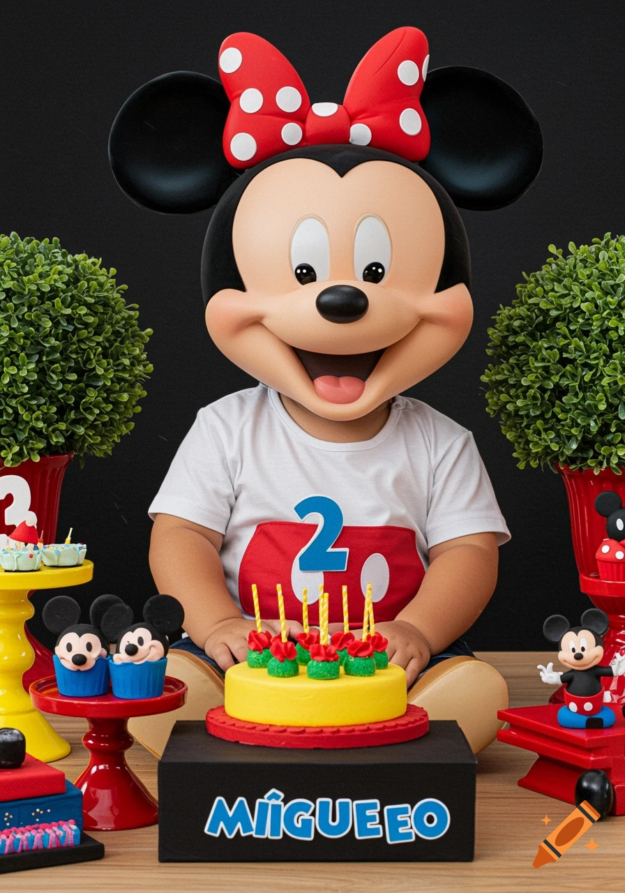 Child in a Mickey Mouse costume head with birthday cake and decorations.