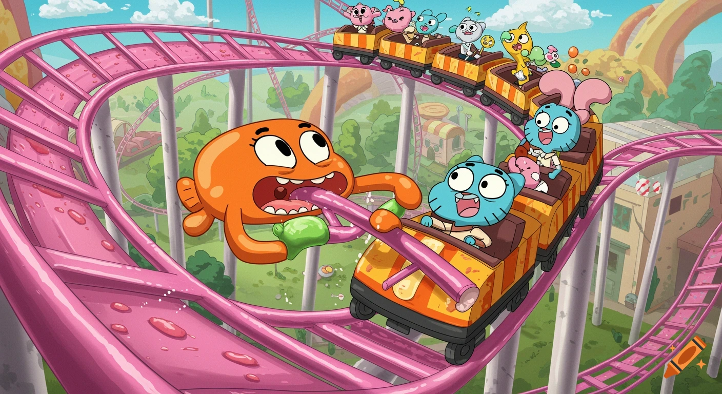 Cartoon characters from The Amazing World of Gumball riding a roller coaster with Darwin eating the track