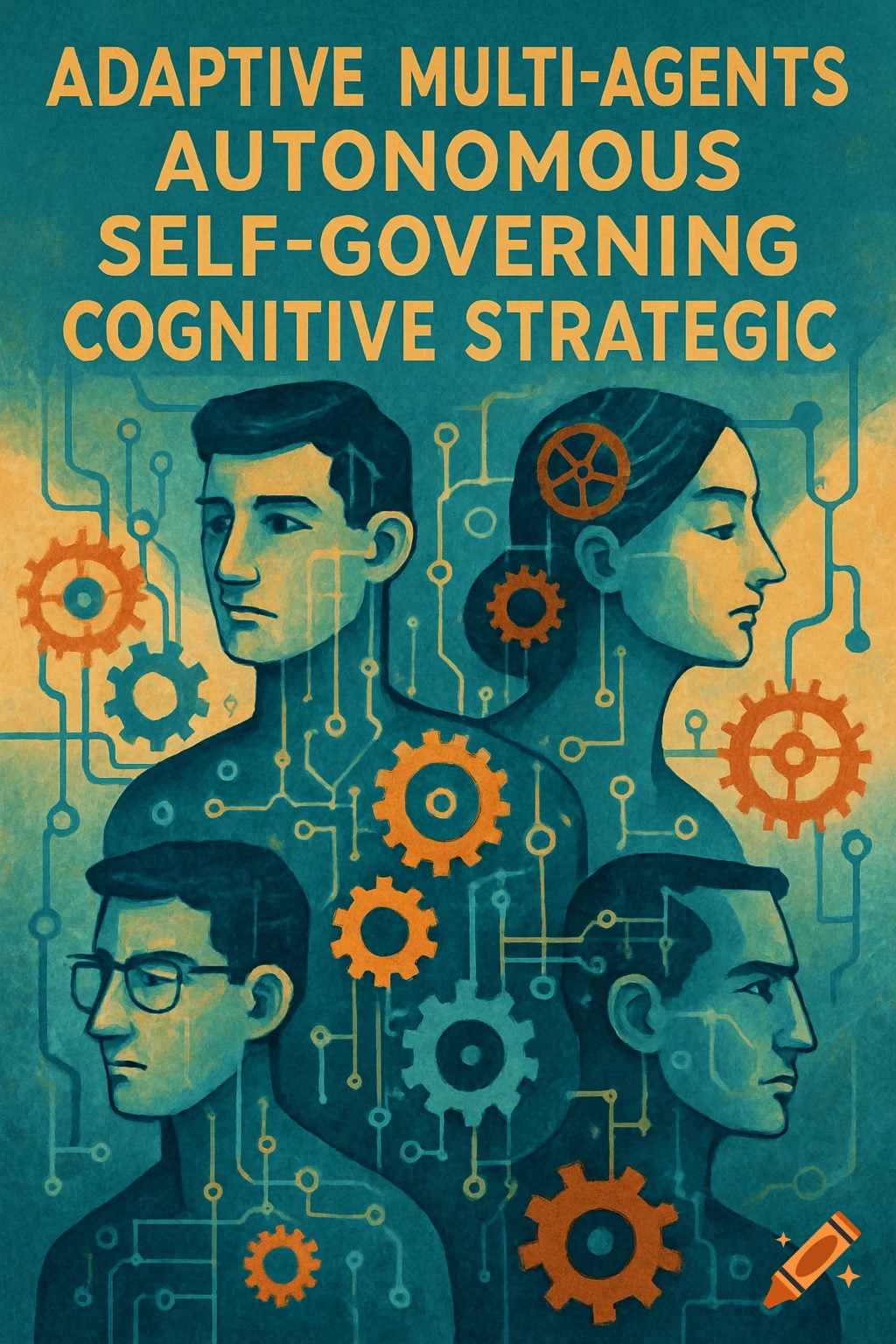 Stylized illustration of four figures intertwined with circuitry and gears, titled 'ADAPTIVE MULTI-AGENTS AUTONOMOUS SELF-GOVERNING COGNITIVE STRATEGIC'.