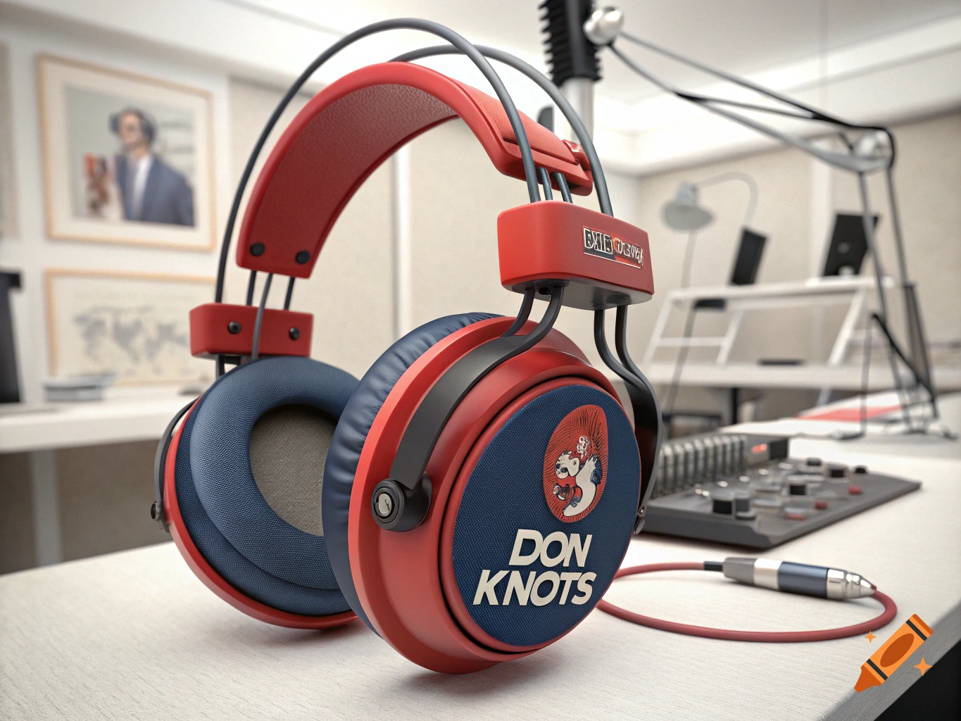 Photorealistic close-up of red and blue headphones on a radio studio desk with Don Knots text on the ear cup.