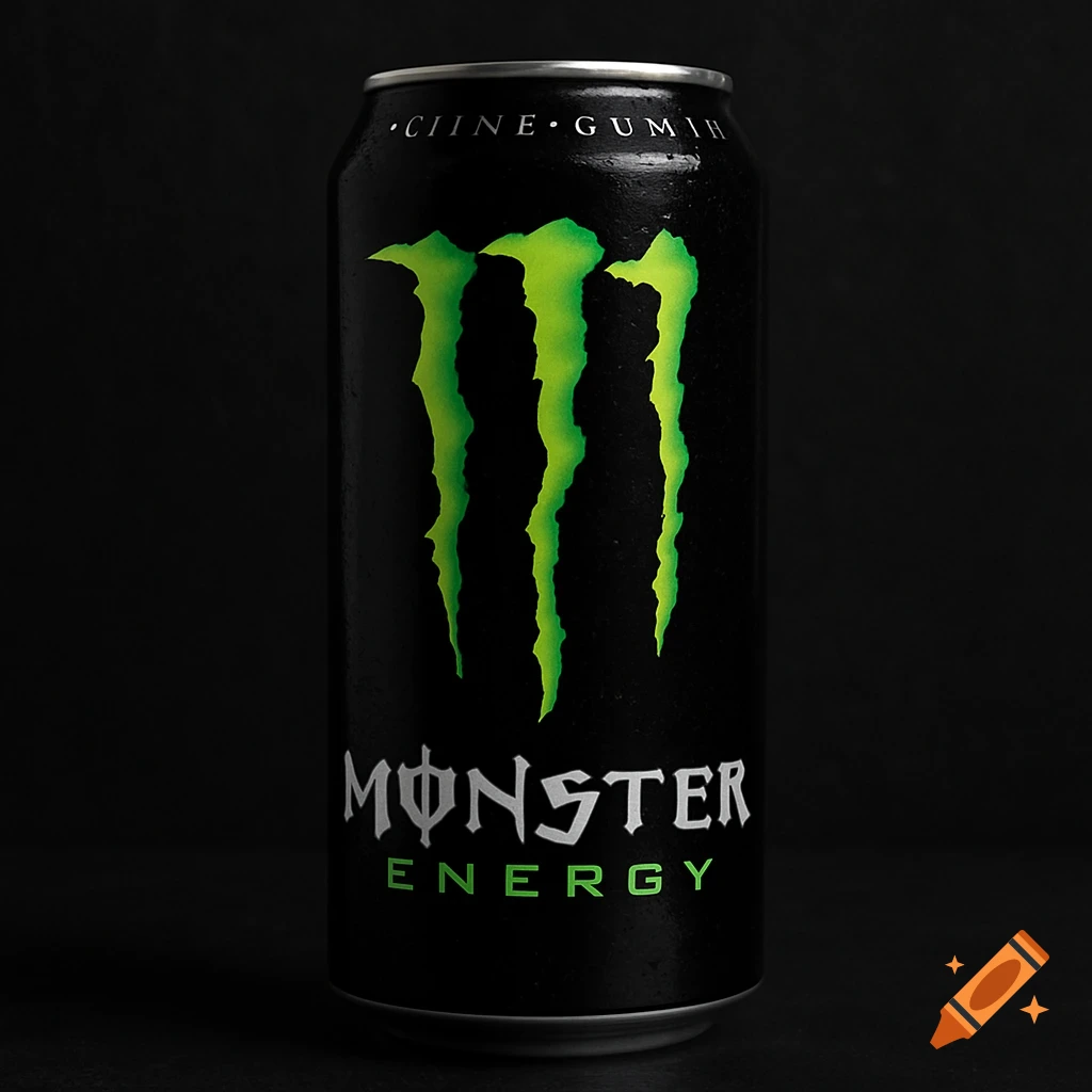 Close-up photo of a black Monster energy drink can with green logo and condensation on a dark background.