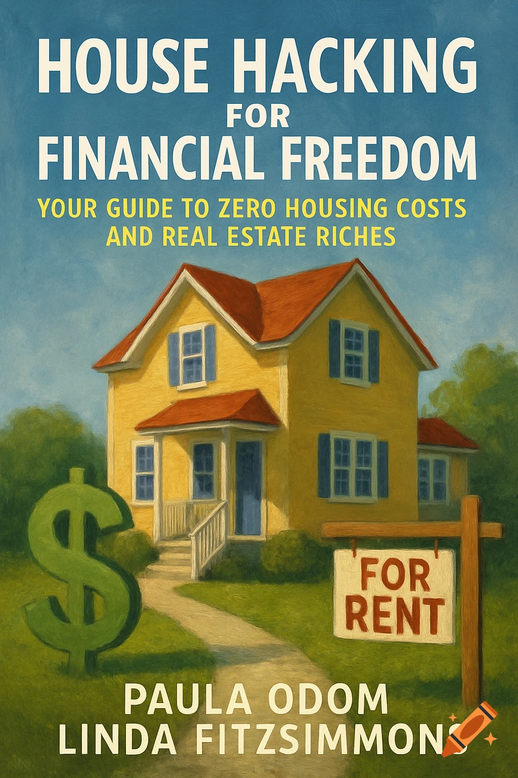 Book cover illustration of a yellow house, dollar sign, and 'For Rent' sign with the title House Hacking for Financial Freedom in a painting style.