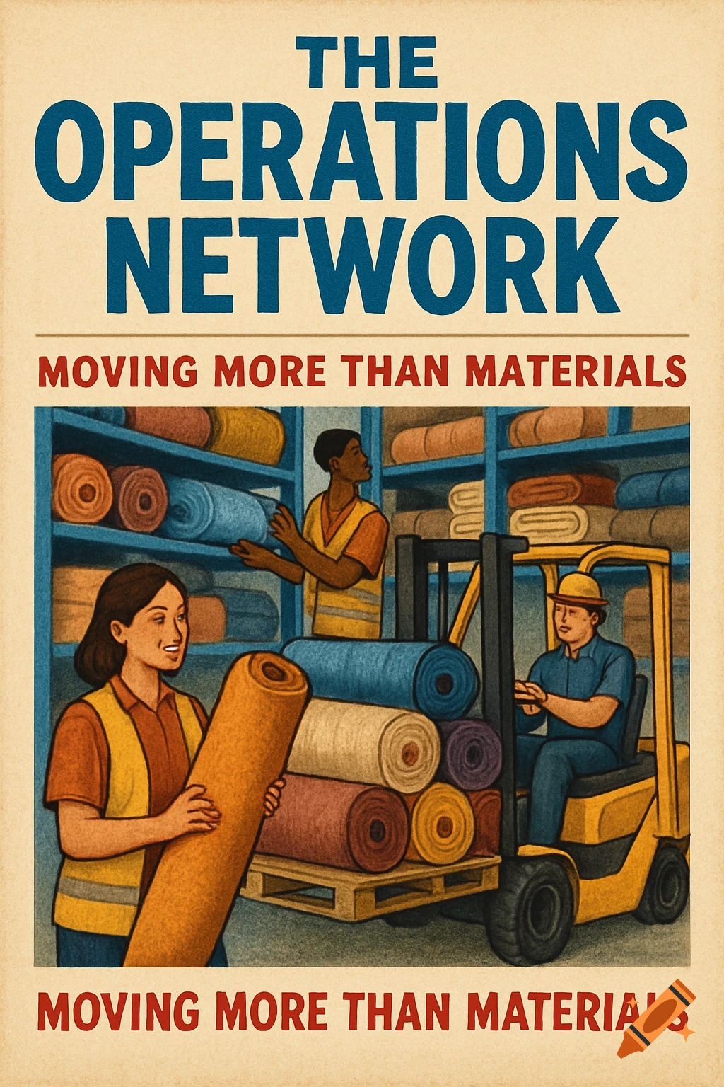 Vintage poster style image showing warehouse workers with textiles and a forklift, with promotional text.