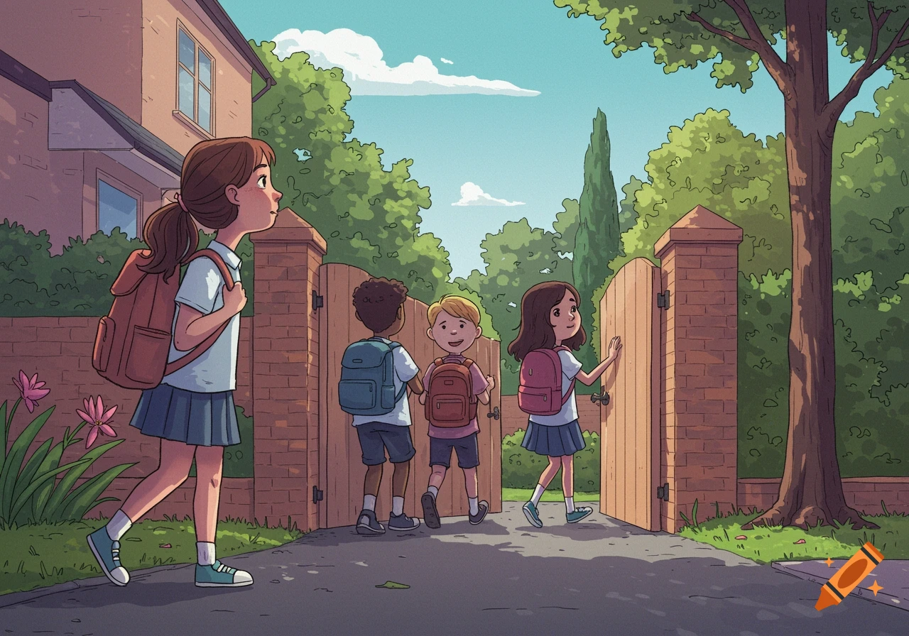 Illustrated scene of kids with backpacks walking from school towards a gate.