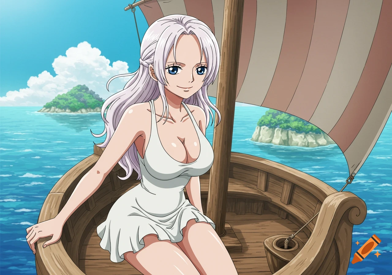 Anime style portrait of a white-haired woman in a white dress on a boat sailing towards islands.