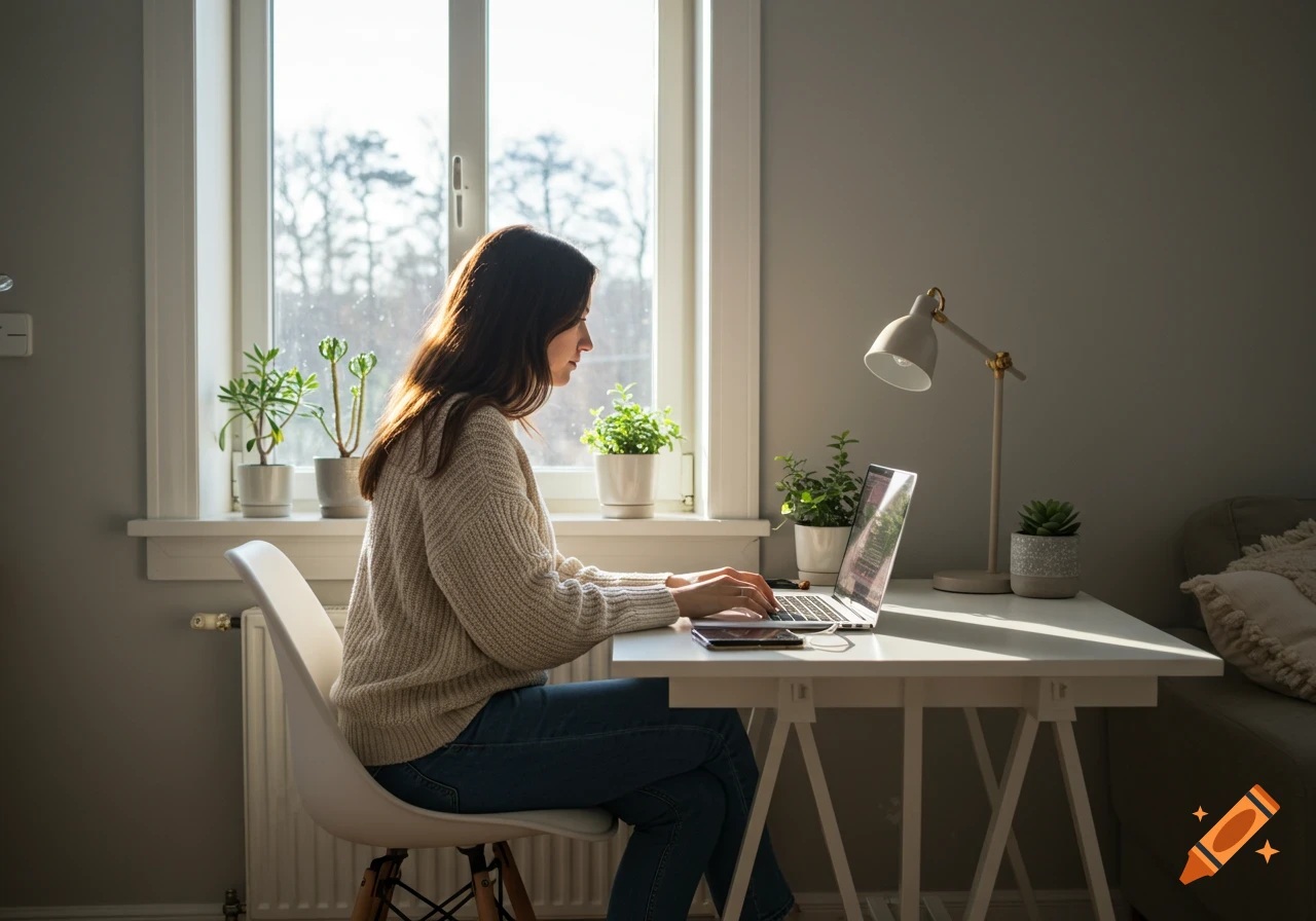 Young woman working on laptop at a desk by a window in a home office, lit by natural light.