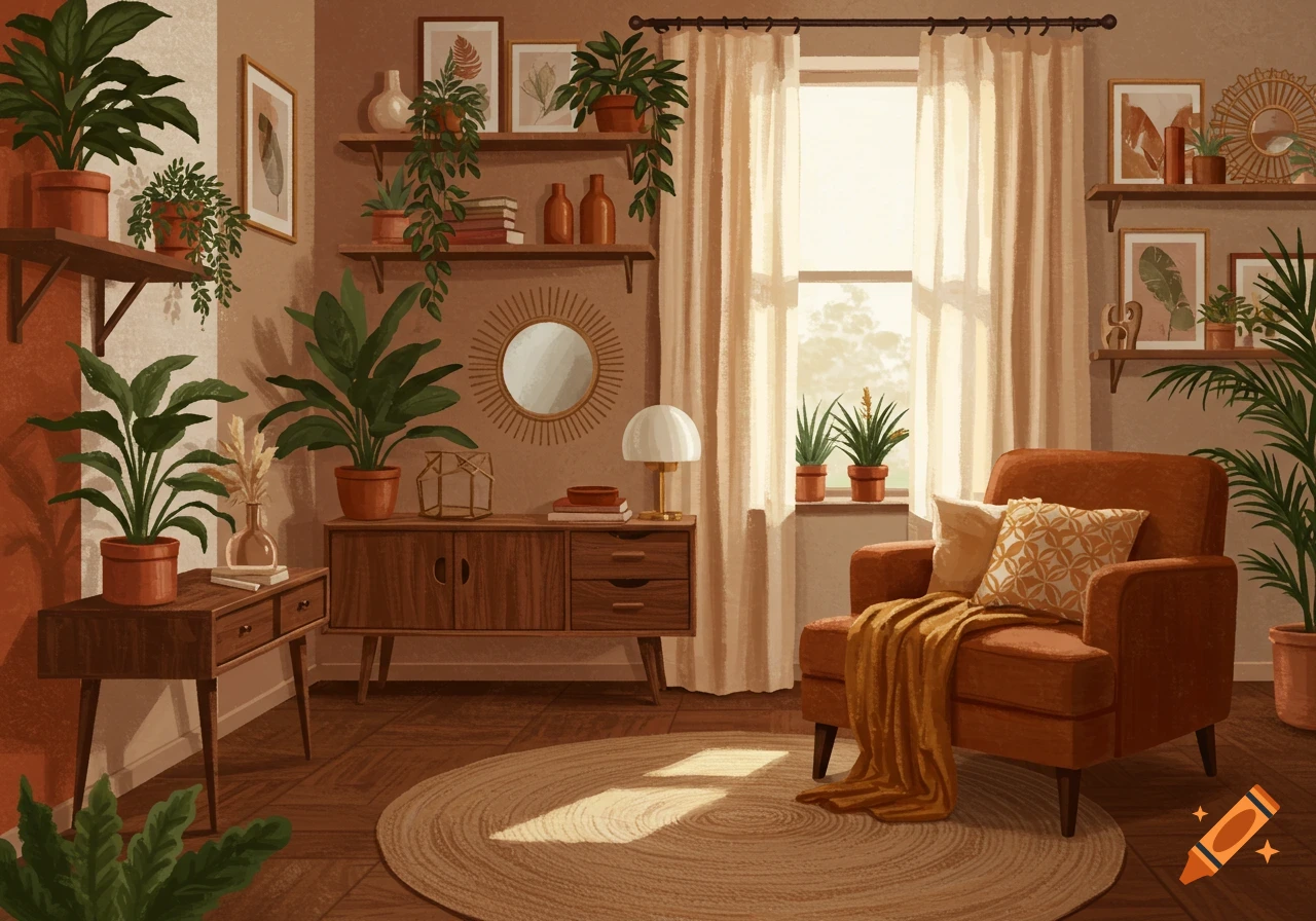 A cozy room interior with plants, warm sunlight, and boho and mid-century modern furniture.