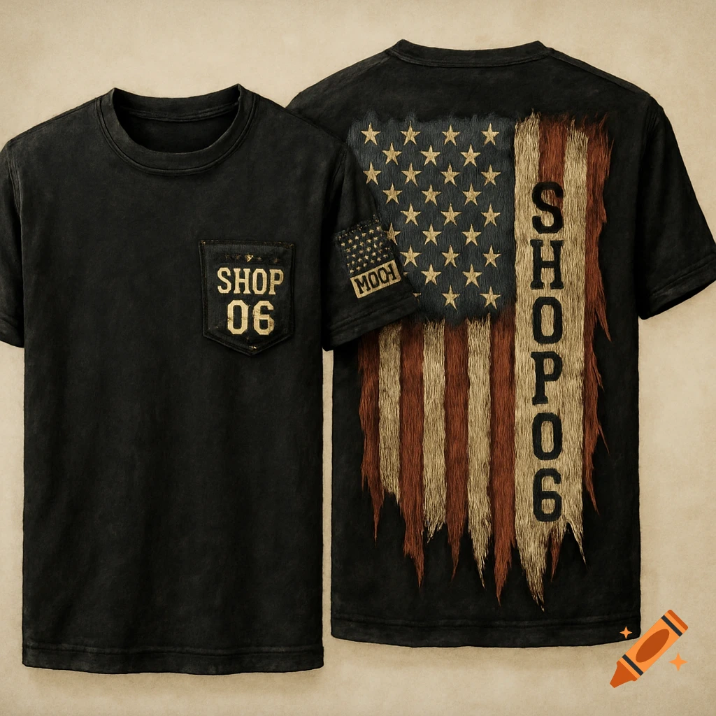 Two black t-shirts, one with 'SHOP 06' on the pocket, the other with a distressed American flag and 'SHOPOG' text.
